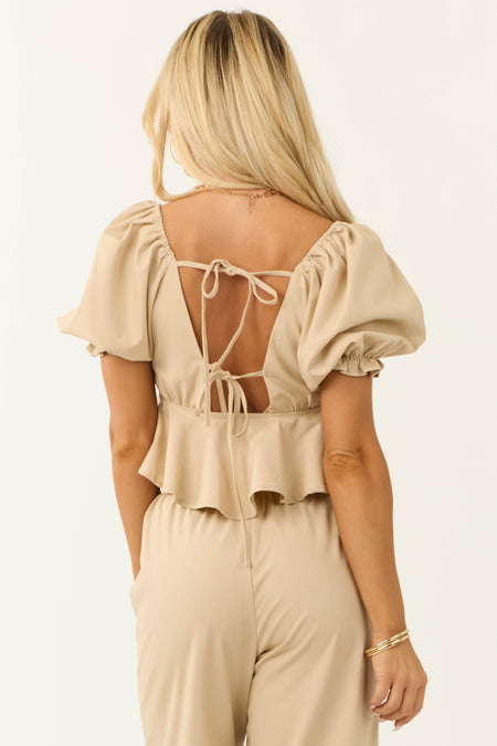 Beige Short Puff Sleeve Deep V Neck Top