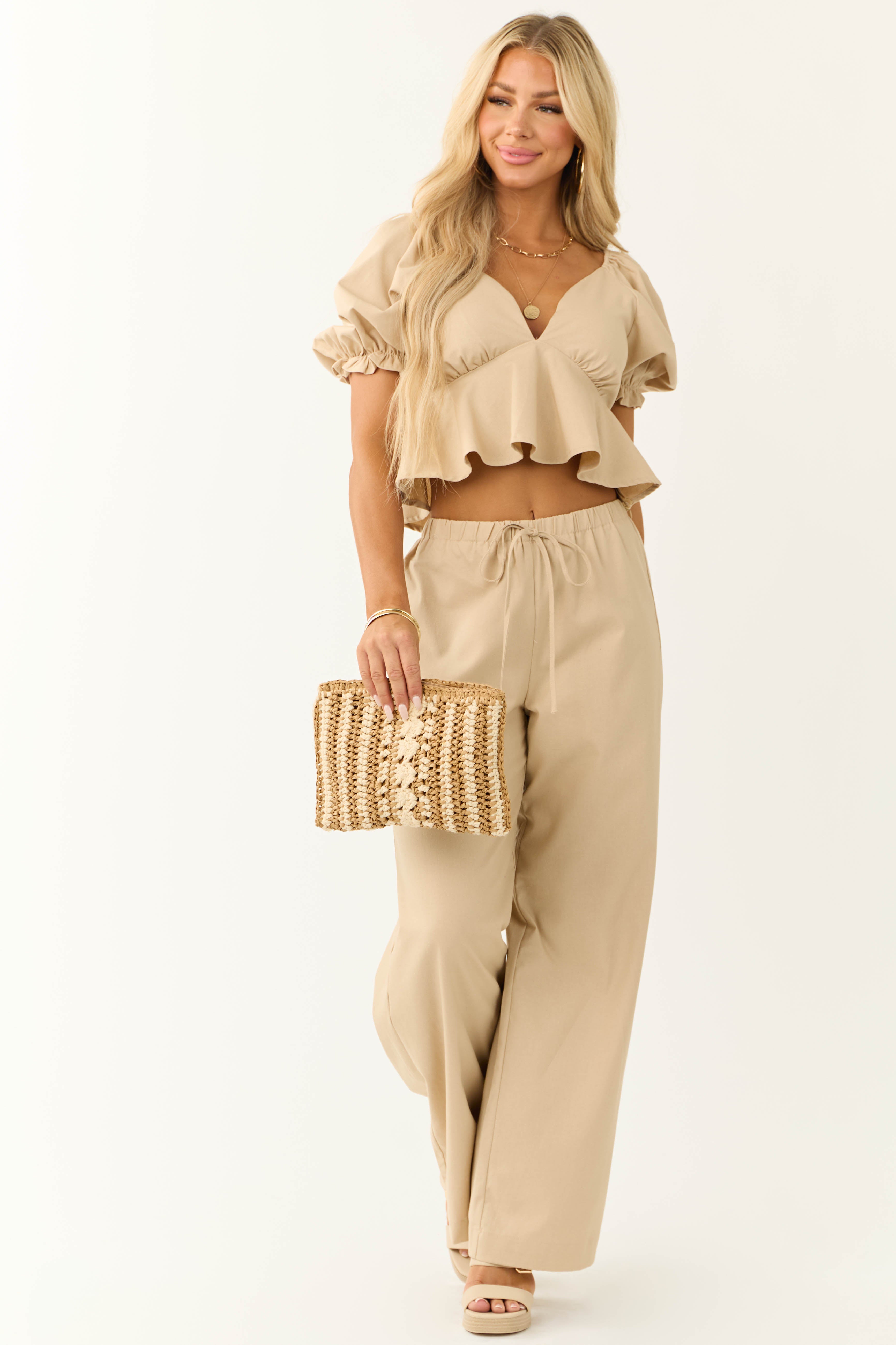 Beige Short Puff Sleeve Deep V Neck Top