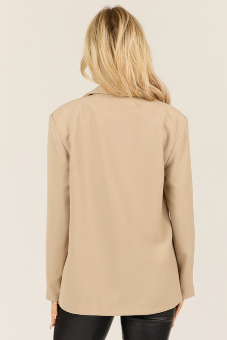 Beige Single Button Long Sleeve Shoulder Pad Blazer