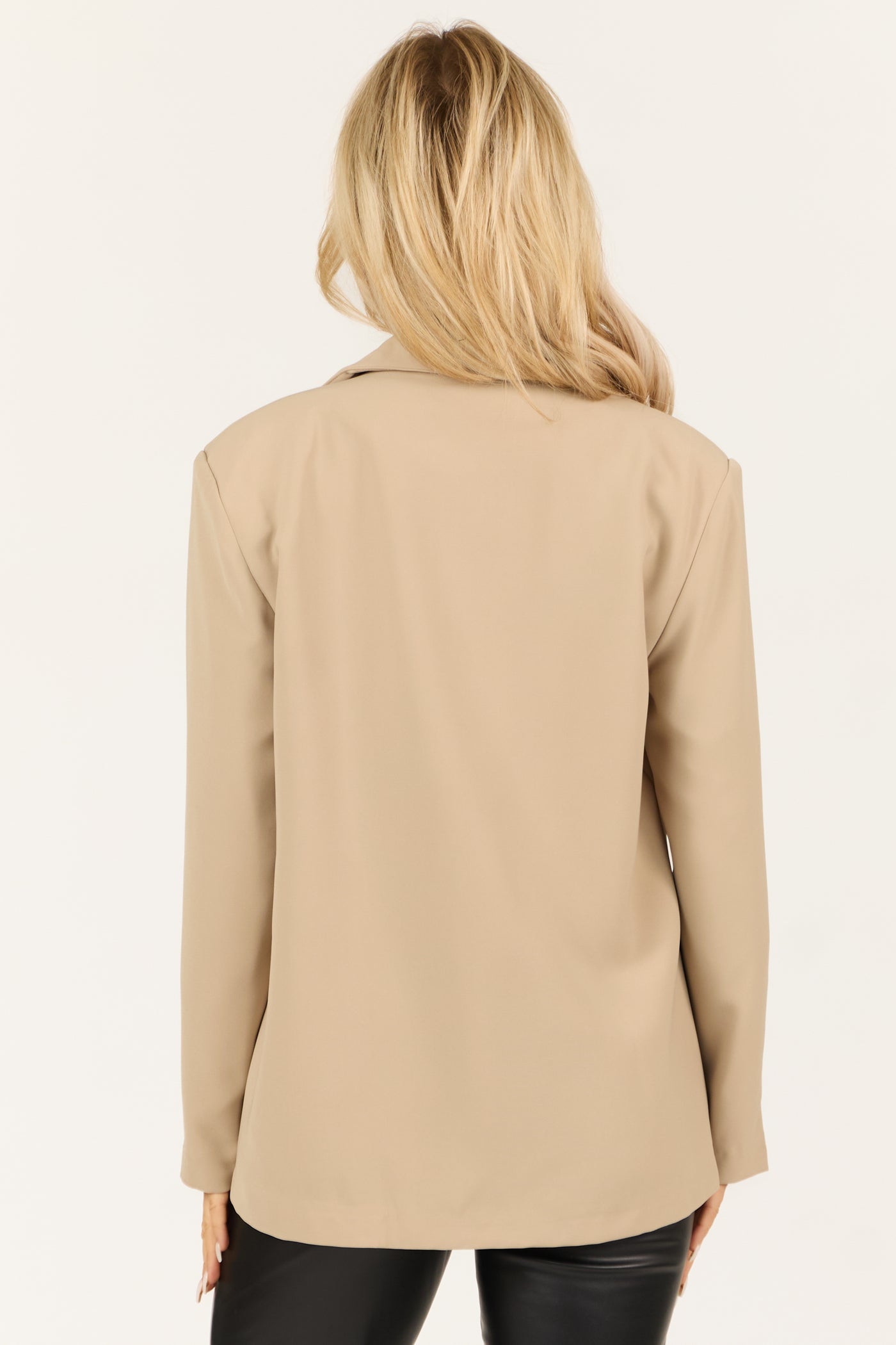 Beige Single Button Long Sleeve Shoulder Pad Blazer