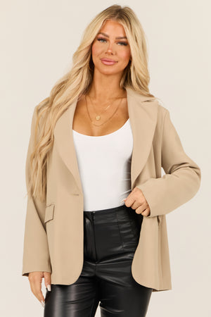 Beige Single Button Long Sleeve Shoulder Pad Blazer