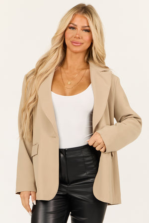 Beige Single Button Long Sleeve Shoulder Pad Blazer