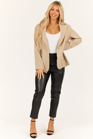 Beige Single Button Long Sleeve Shoulder Pad Blazer