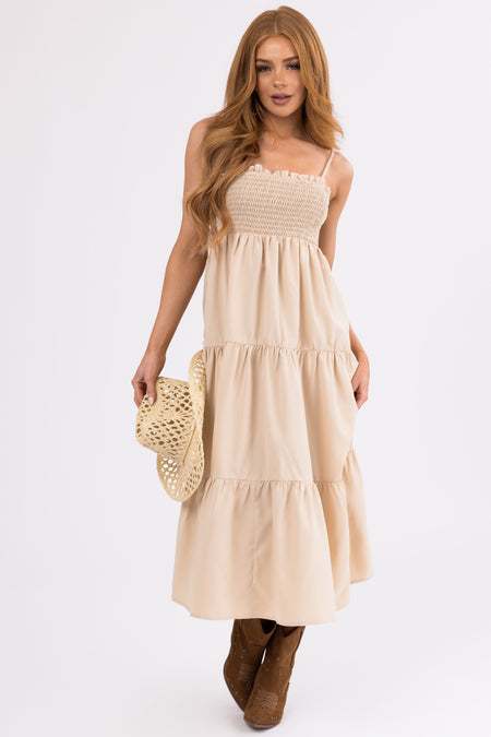 Beige Smocked Tiered Sleeveless Midi Dress