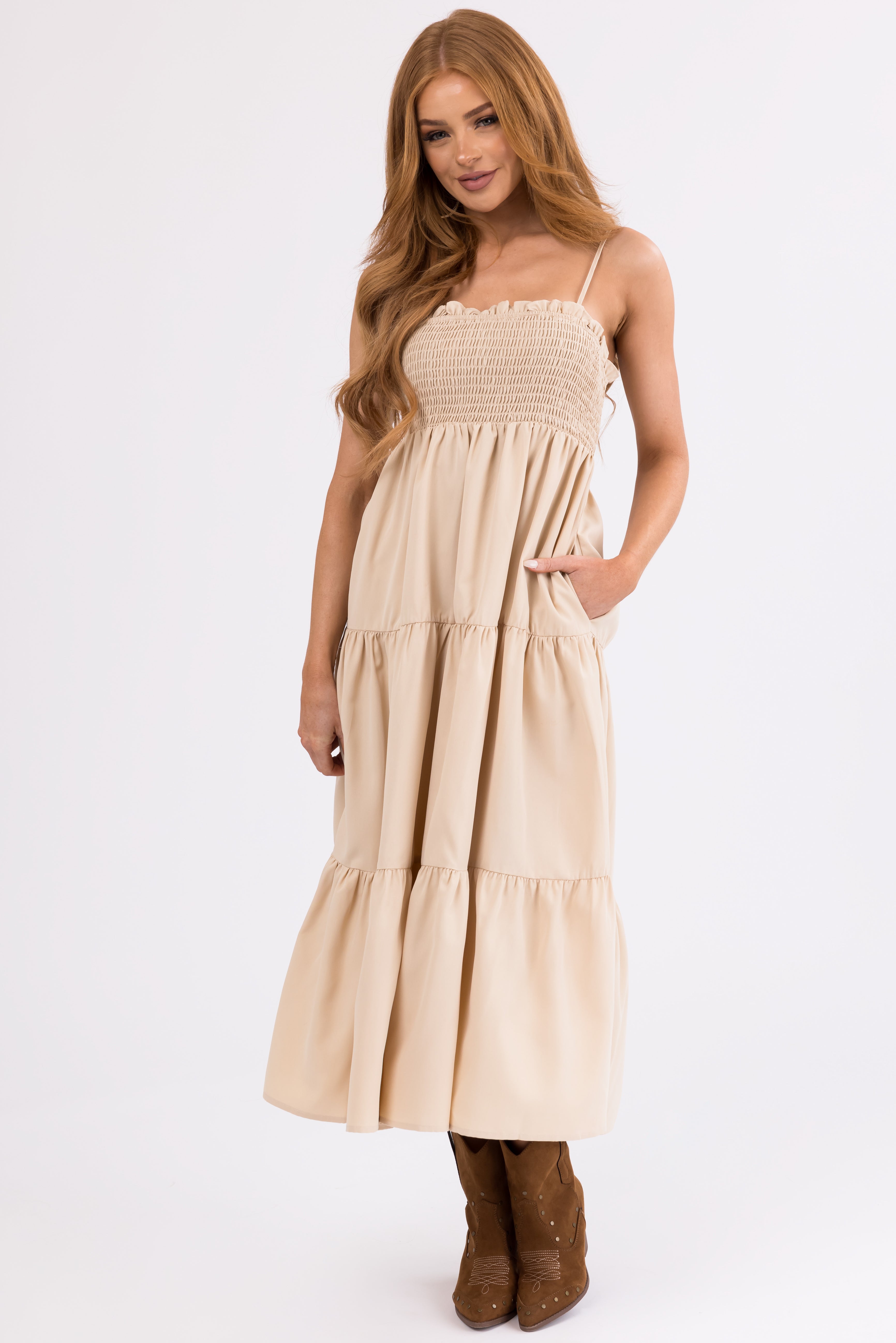 Beige Smocked Tiered Sleeveless Midi Dress