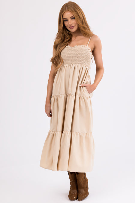 Beige Smocked Tiered Sleeveless Midi Dress