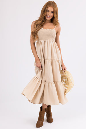 Beige Smocked Tiered Sleeveless Midi Dress