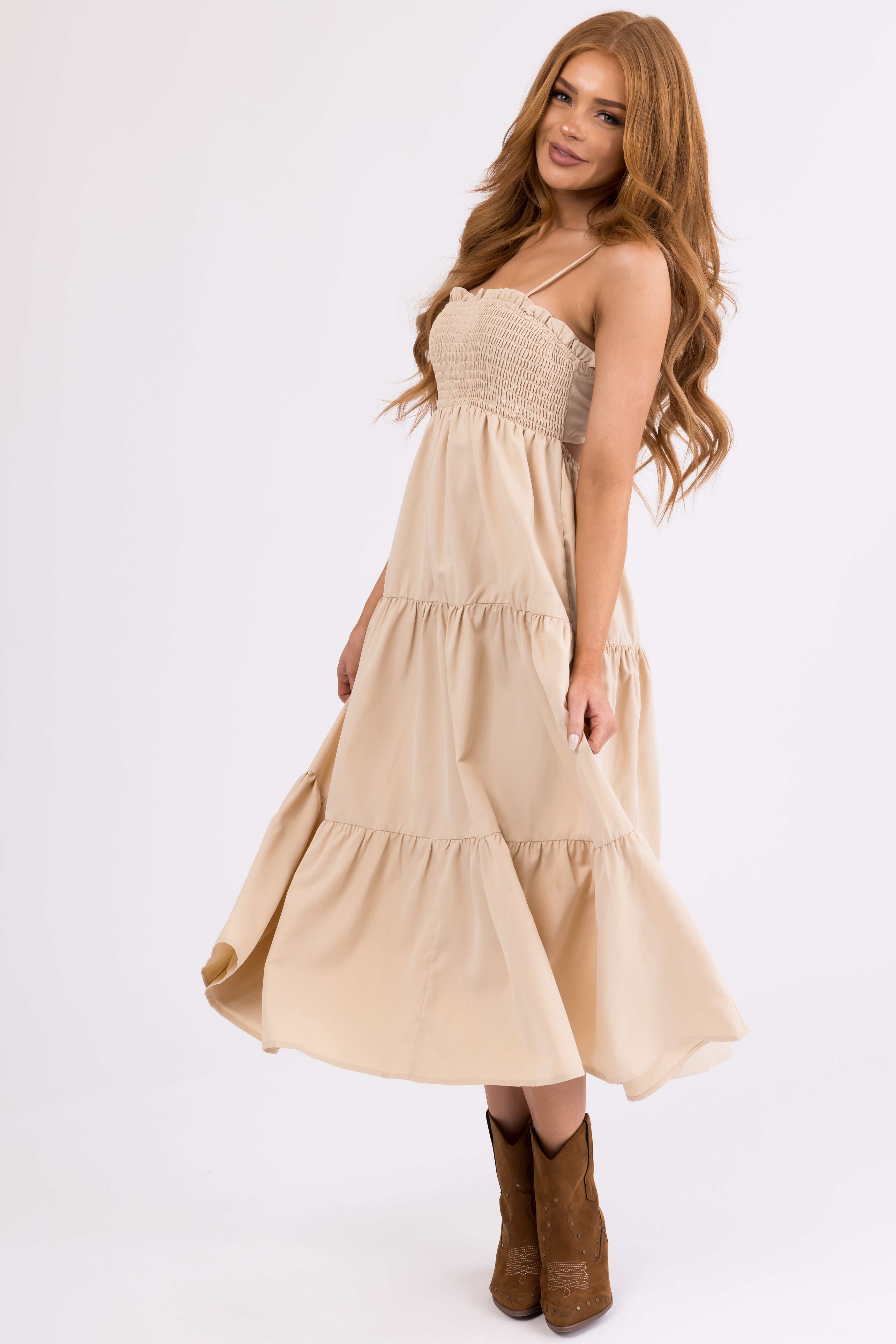 Beige Smocked Tiered Sleeveless Midi Dress