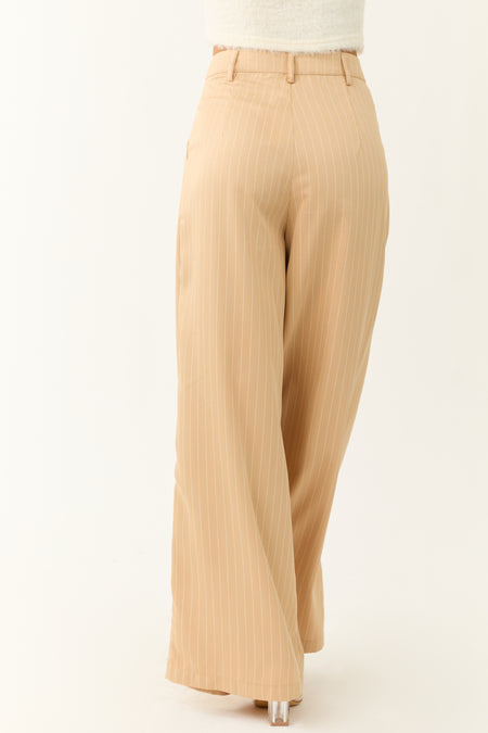 Beige Vertical Pin Stripe Wide Leg Pants