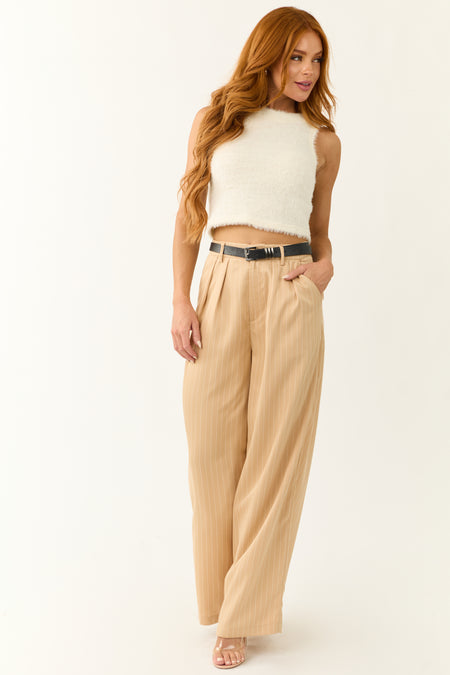 Beige Vertical Pin Stripe Wide Leg Pants