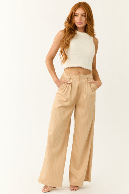 Beige Vertical Pin Stripe Wide Leg Pants