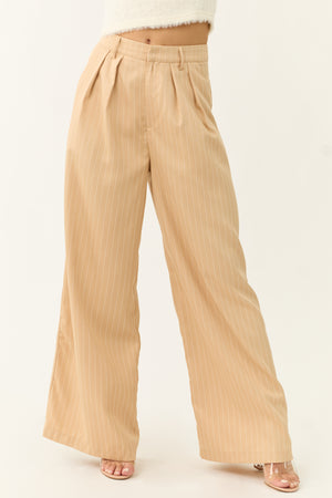 Beige Vertical Pin Stripe Wide Leg Pants