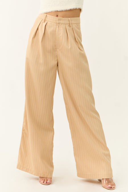 Beige Vertical Pin Stripe Wide Leg Pants