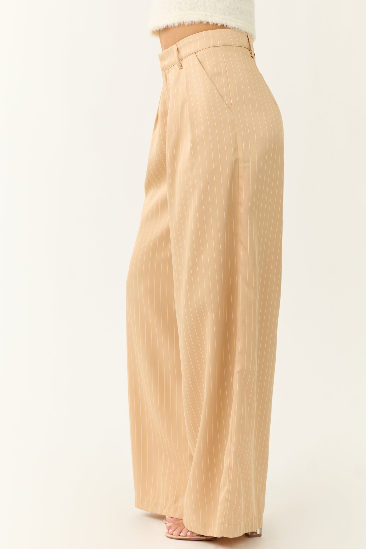 Beige Vertical Pin Stripe Wide Leg Pants