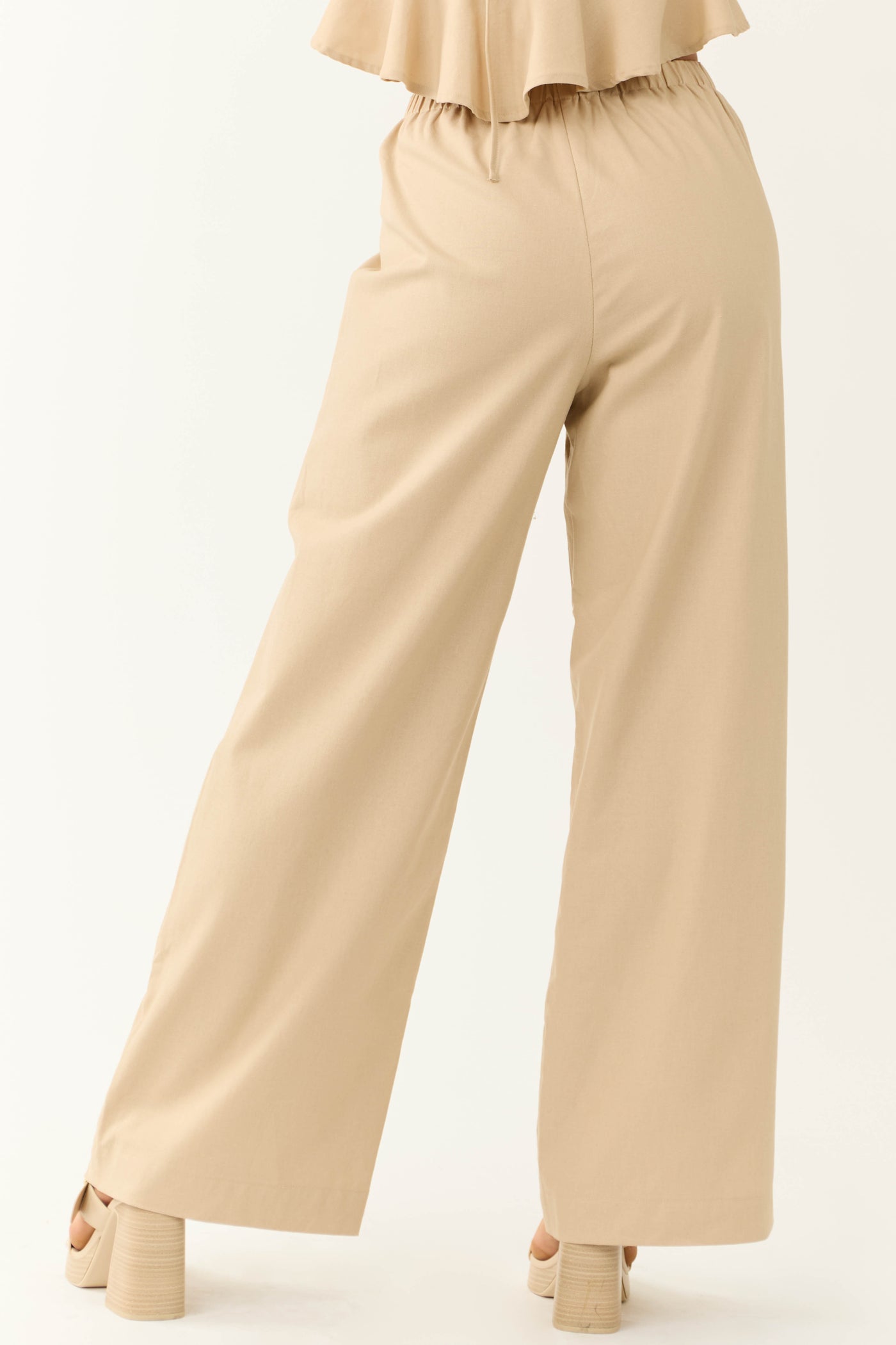 Beige Wide Leg High Waist Linen Pants