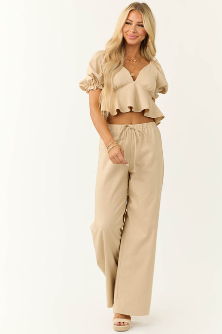 Beige Wide Leg High Waist Linen Pants