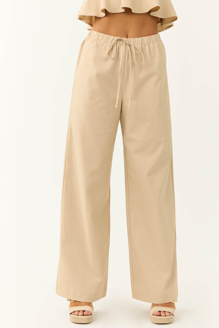 Beige Wide Leg High Waist Linen Pants