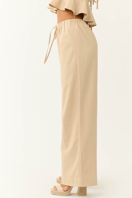 Beige Wide Leg High Waist Linen Pants