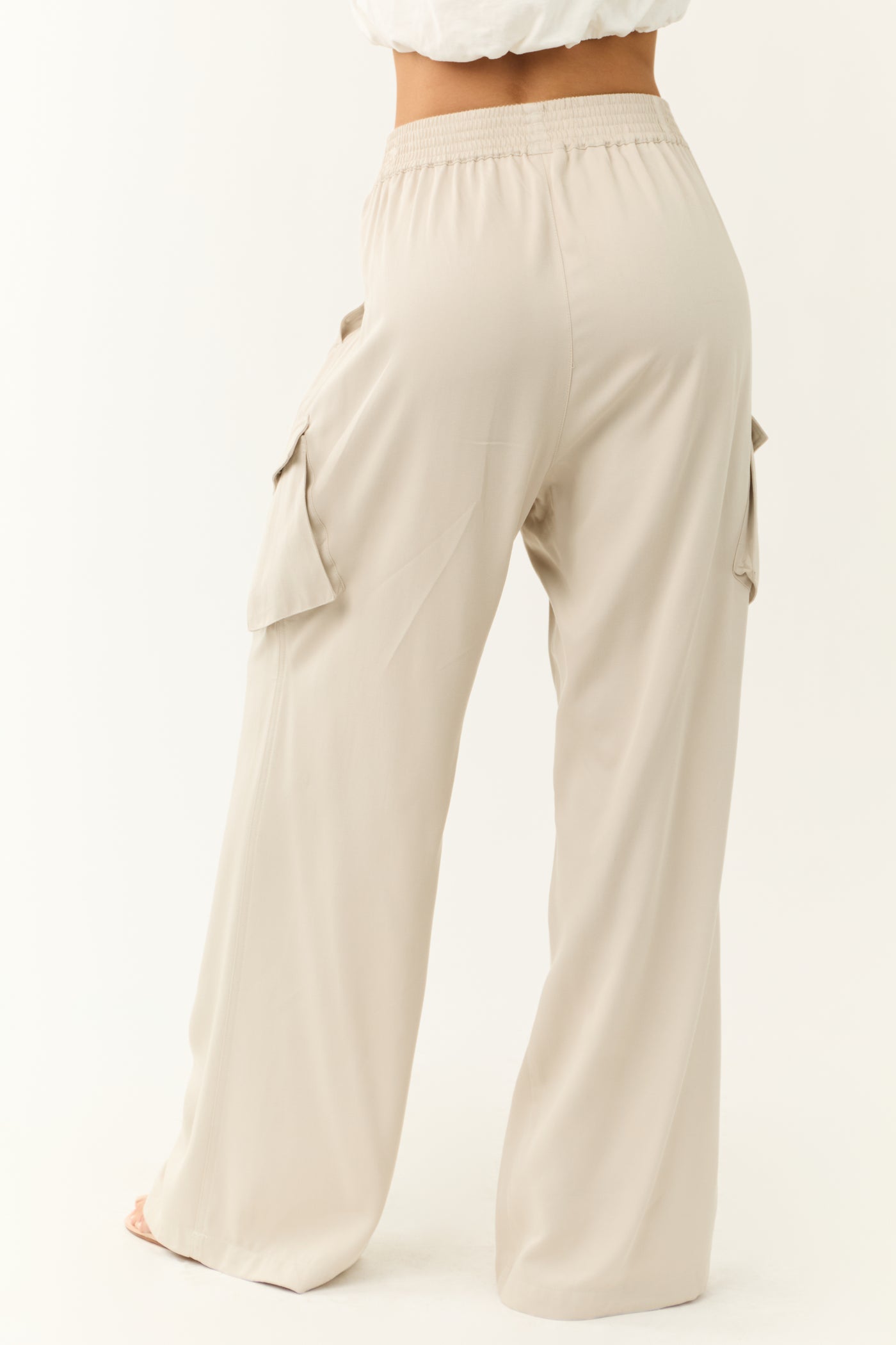 Beige Wide Leg Smocked Waist Cargo Pants