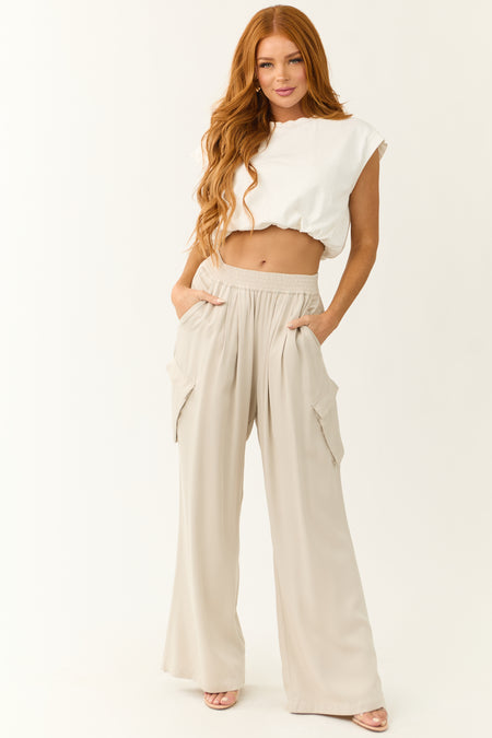 Beige Wide Leg Smocked Waist Cargo Pants