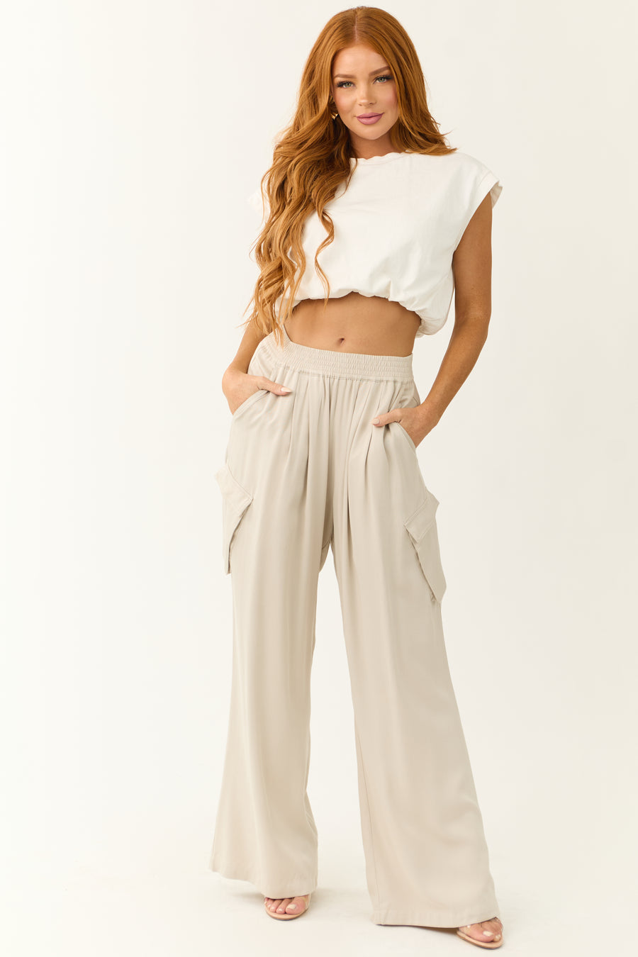 Beige Wide Leg Smocked Waist Cargo Pants