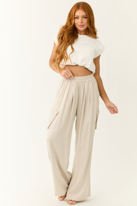 Beige Wide Leg Smocked Waist Cargo Pants