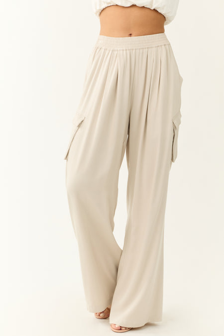 Beige Wide Leg Smocked Waist Cargo Pants