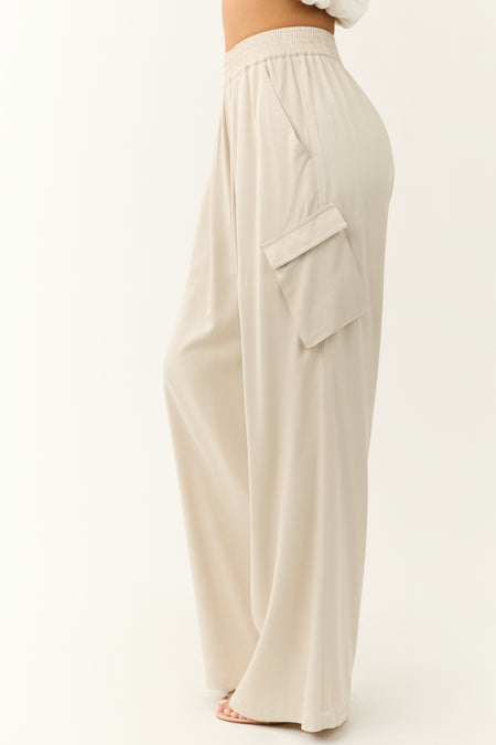 Beige Wide Leg Smocked Waist Cargo Pants