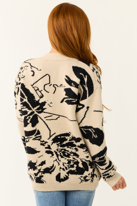 Beige and Black Abstract Print V Neck Cardigan