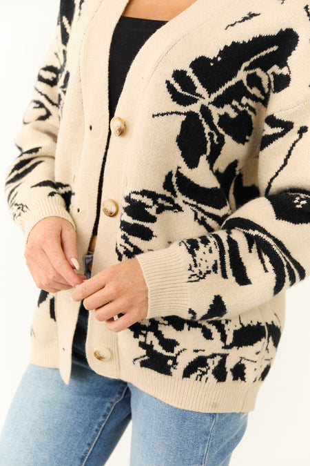 Beige and Black Abstract Print V Neck Cardigan