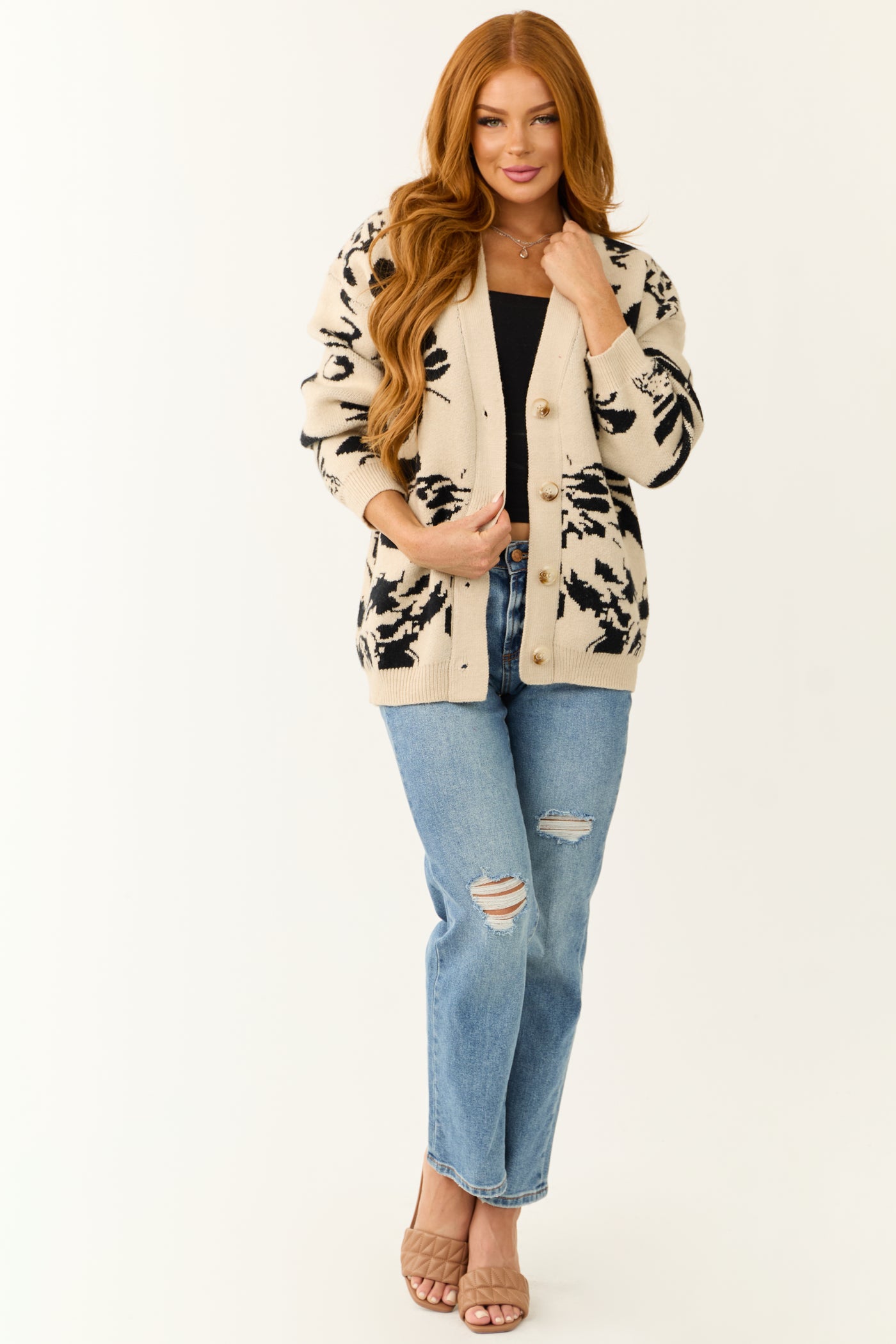 Beige and Black Abstract Print V Neck Cardigan