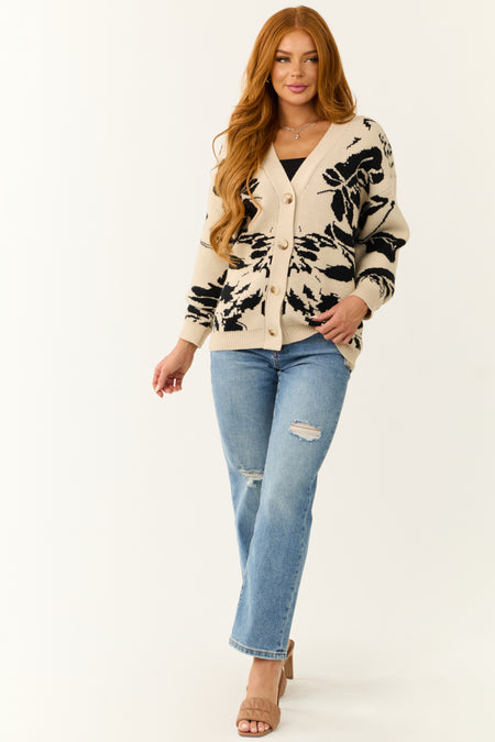 Beige and Black Abstract Print V Neck Cardigan