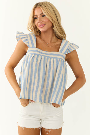 Beige and Cornflower Striped Ruffle Sleeve Top