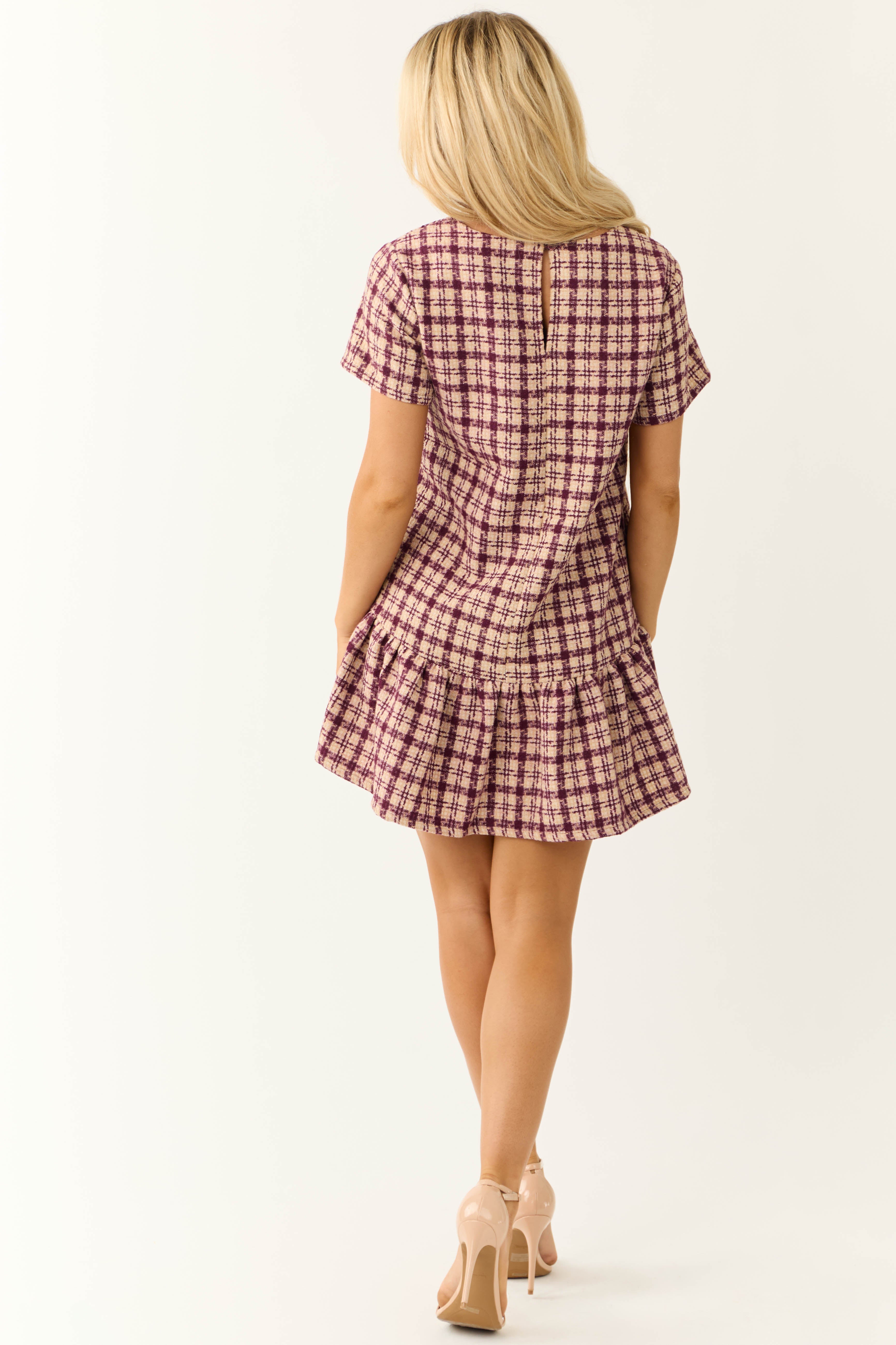 Beige and Plum Short Sleeve Plaid Tweed Mini Dress