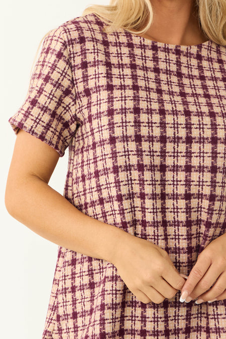 Beige and Plum Short Sleeve Plaid Tweed Mini Dress