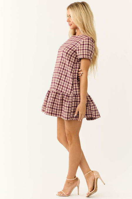 Beige and Plum Short Sleeve Plaid Tweed Mini Dress