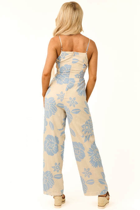 Beige and Powder Blue Floral Print Jumpsuit