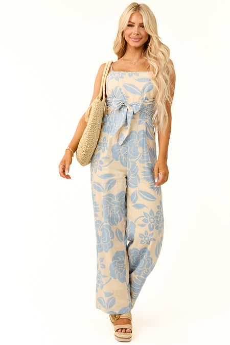 Beige and Powder Blue Floral Print Jumpsuit