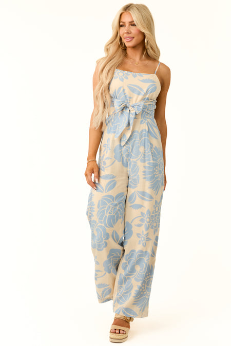 Beige and Powder Blue Floral Print Jumpsuit