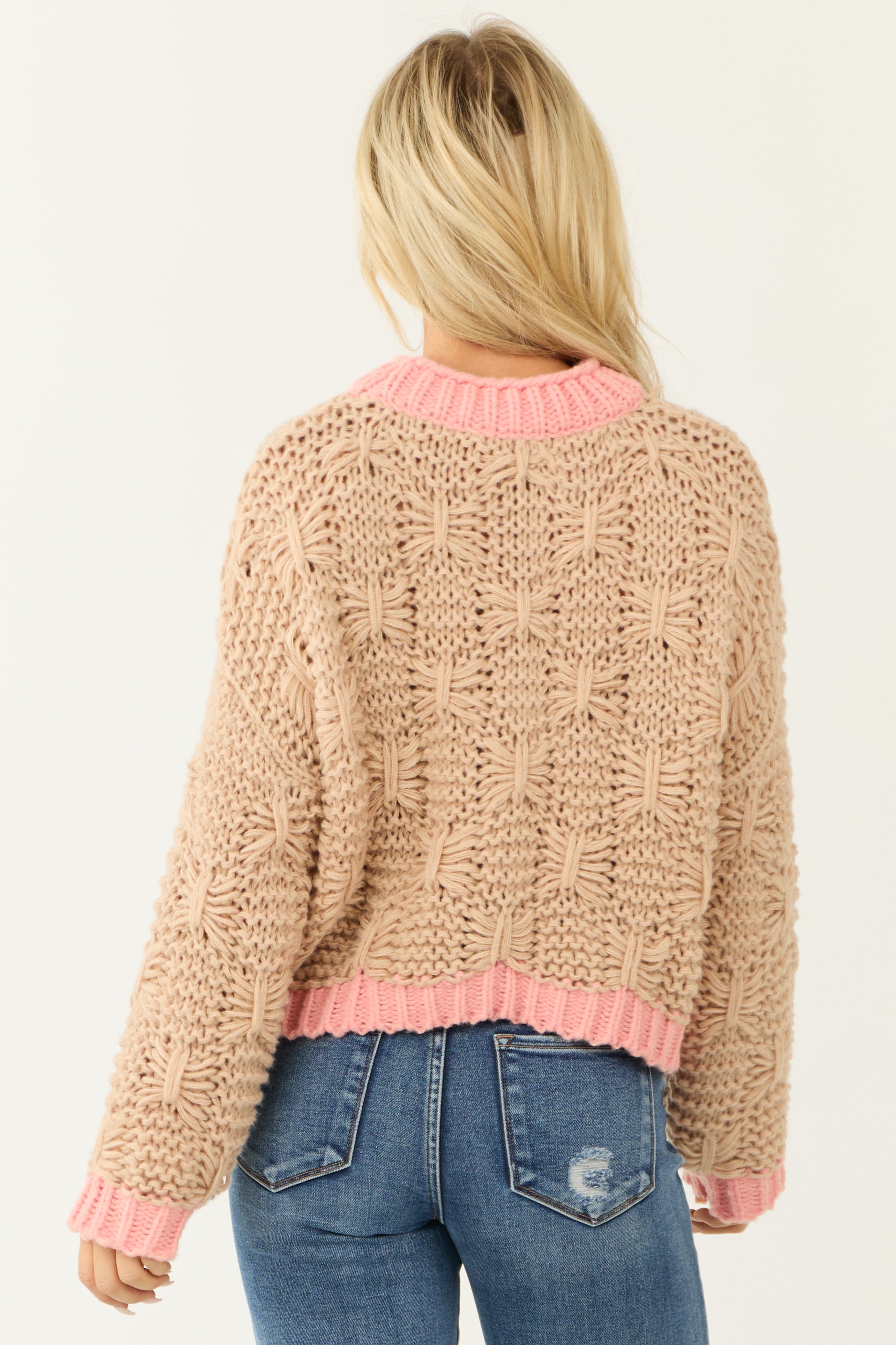 Beige and Punch Long Sleeve Knit Sweater