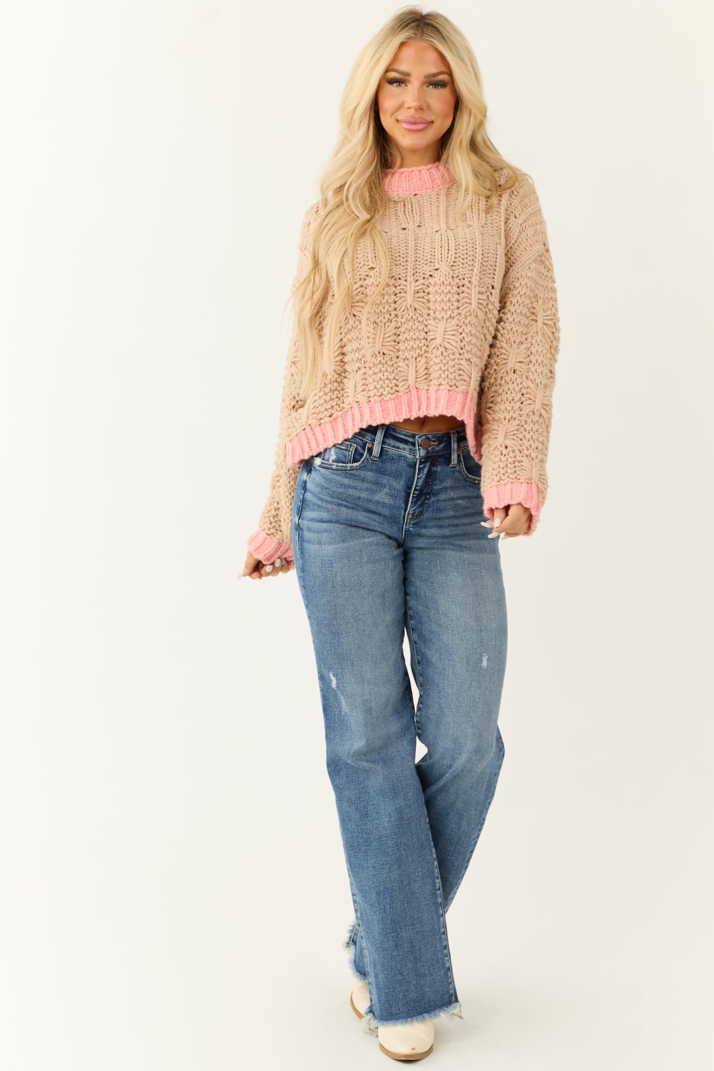 Beige and Punch Long Sleeve Knit Sweater