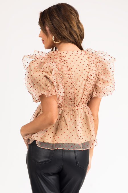 Beige and Ruby Dotted Tulle Short Sleeve Top