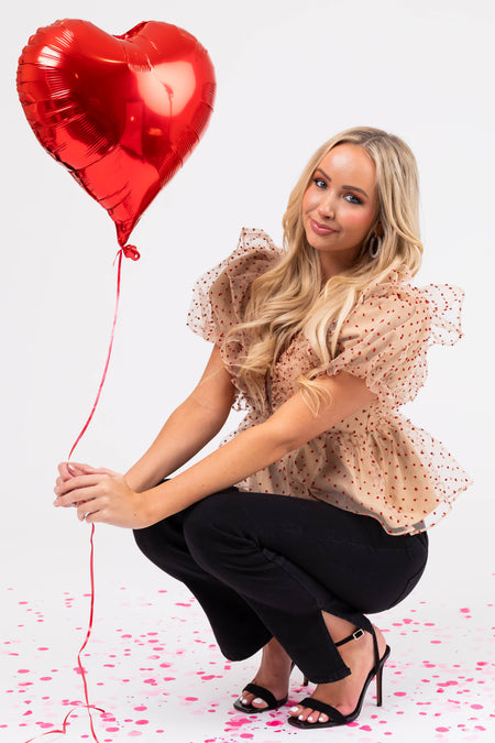 Beige and Ruby Dotted Tulle Short Sleeve Top