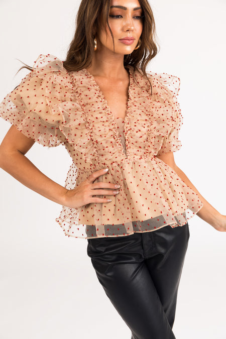 Beige and Ruby Dotted Tulle Short Sleeve Top