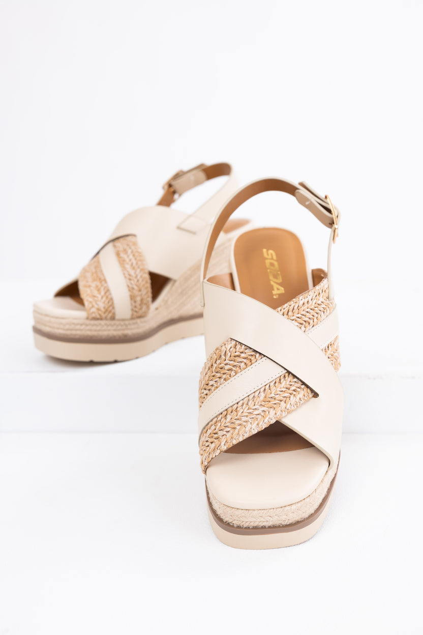 Beige Cross Strap Espadrille Platform Wedges