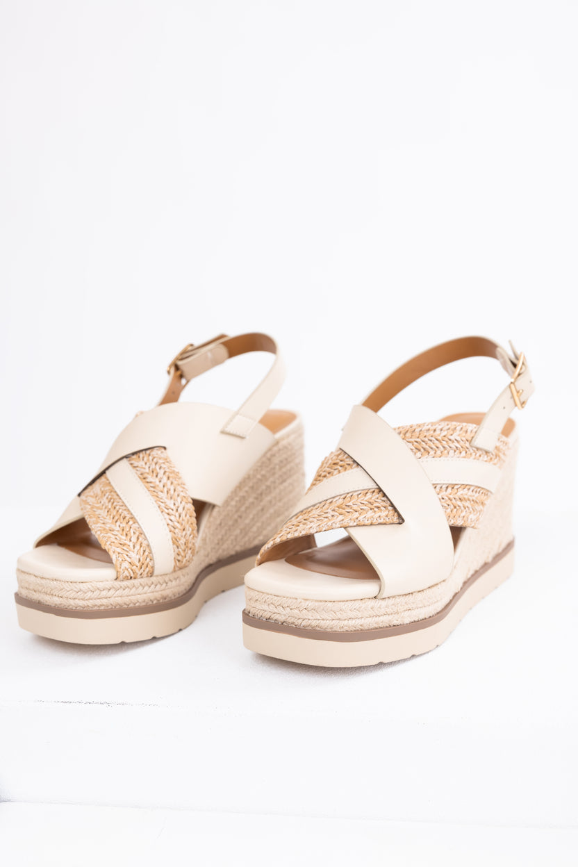 Beige Cross Strap Espadrille Platform Wedges