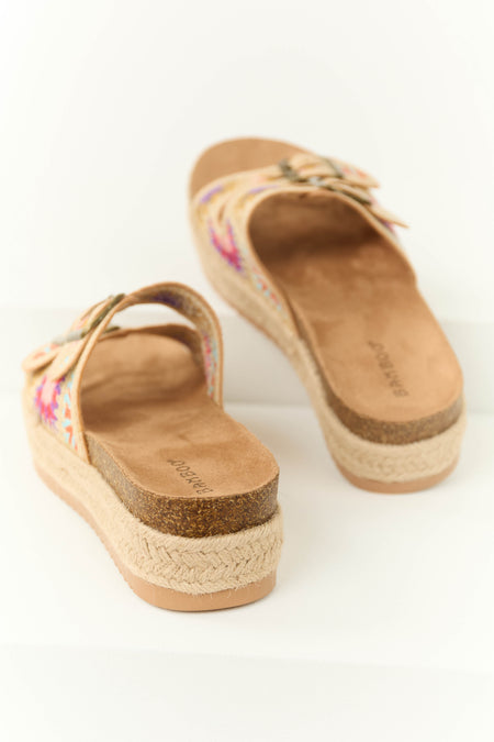 Beige Embroidered Woven Platform Buckle Sandal