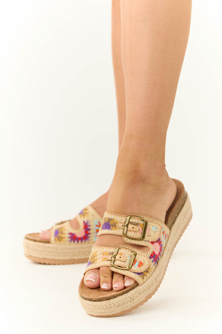 Beige Embroidered Woven Platform Buckle Sandal