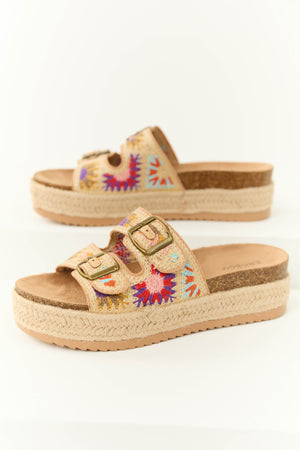 Beige Embroidered Woven Platform Buckle Sandal