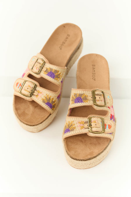 Beige Embroidered Woven Platform Buckle Sandal